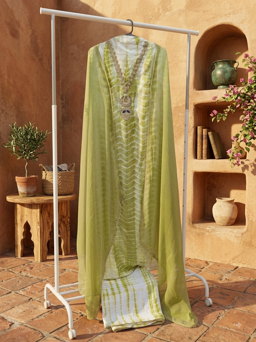 Sitara -- lime Green Shibori Pure Chanderi Ensemble image 2
